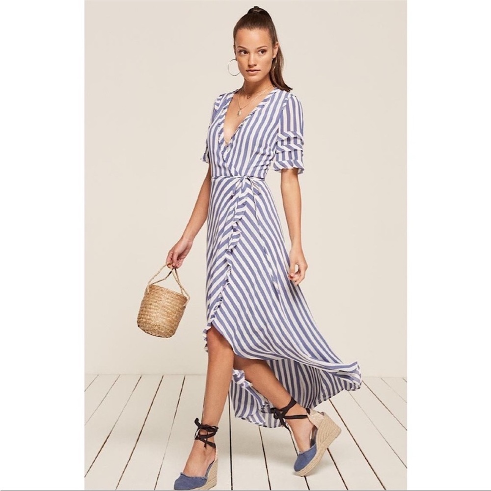 Reformation Lottie dress in blue and white stripes “Sicily” XS extra small